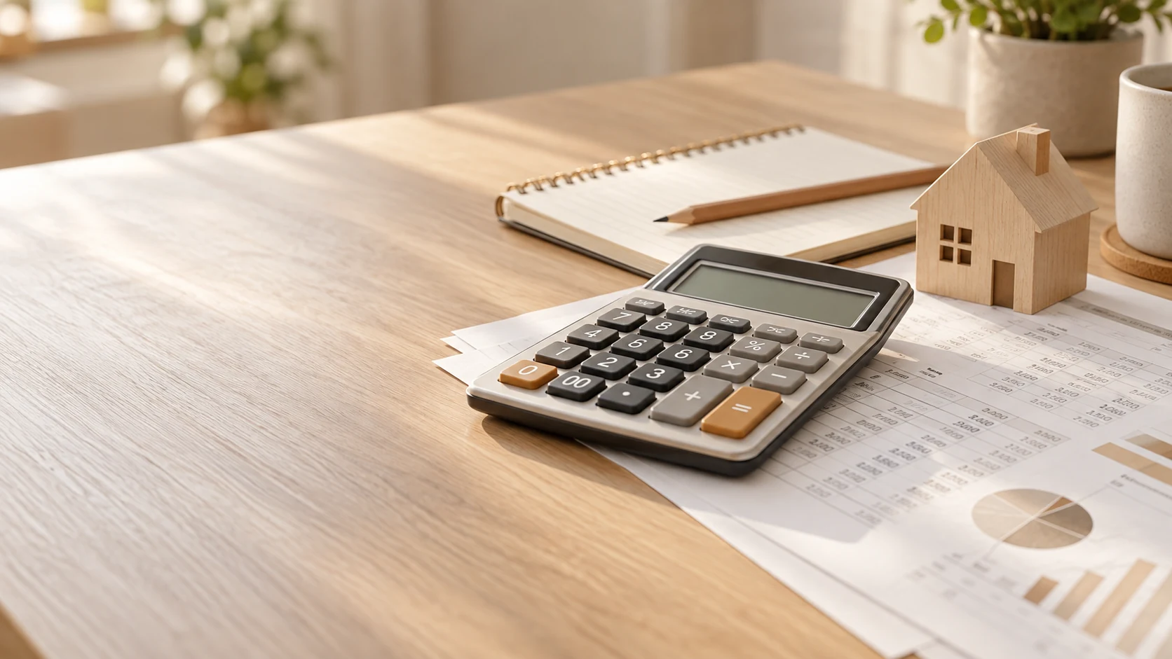 Illustrative home-financing calculation with a calculator, paperwork, and a wooden house