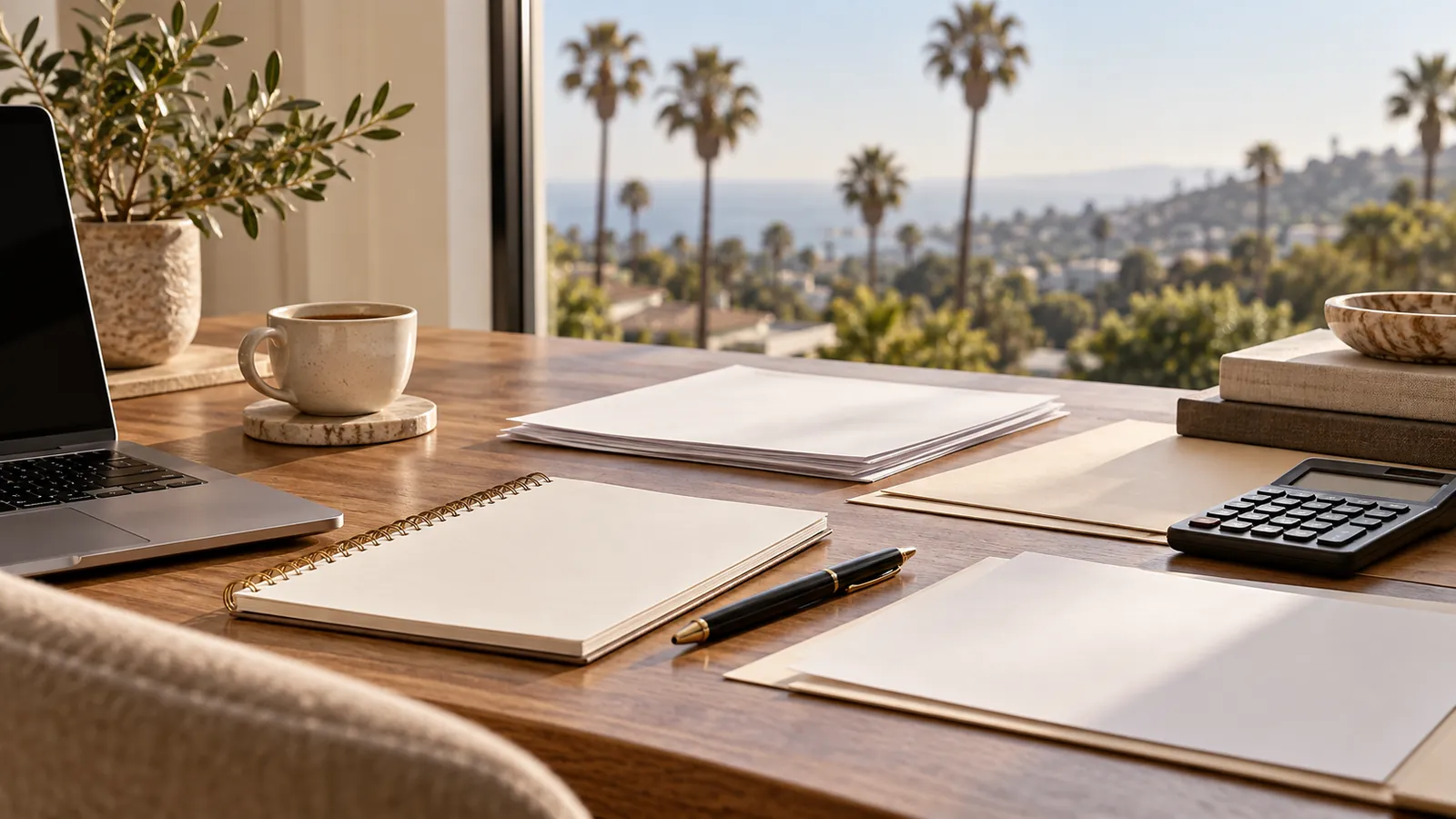 Illustrative notebook and learning materials on a warm sunlit desk