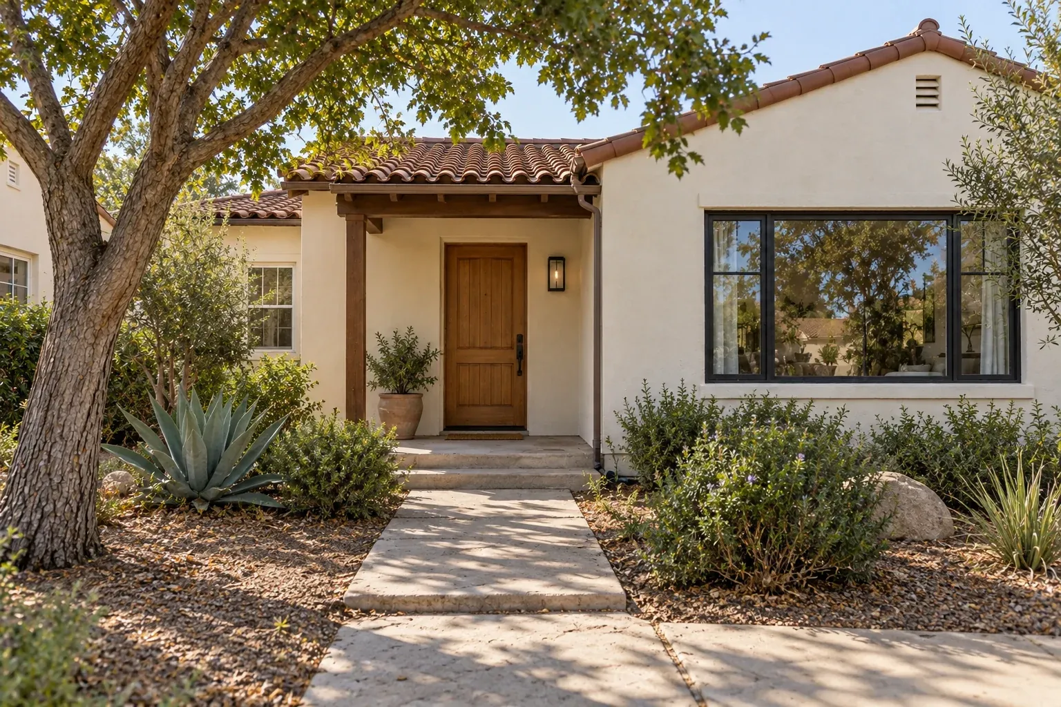 AI-generated illustrative photograph of a modest cream-stucco home with a wood entrance and a simple front yard