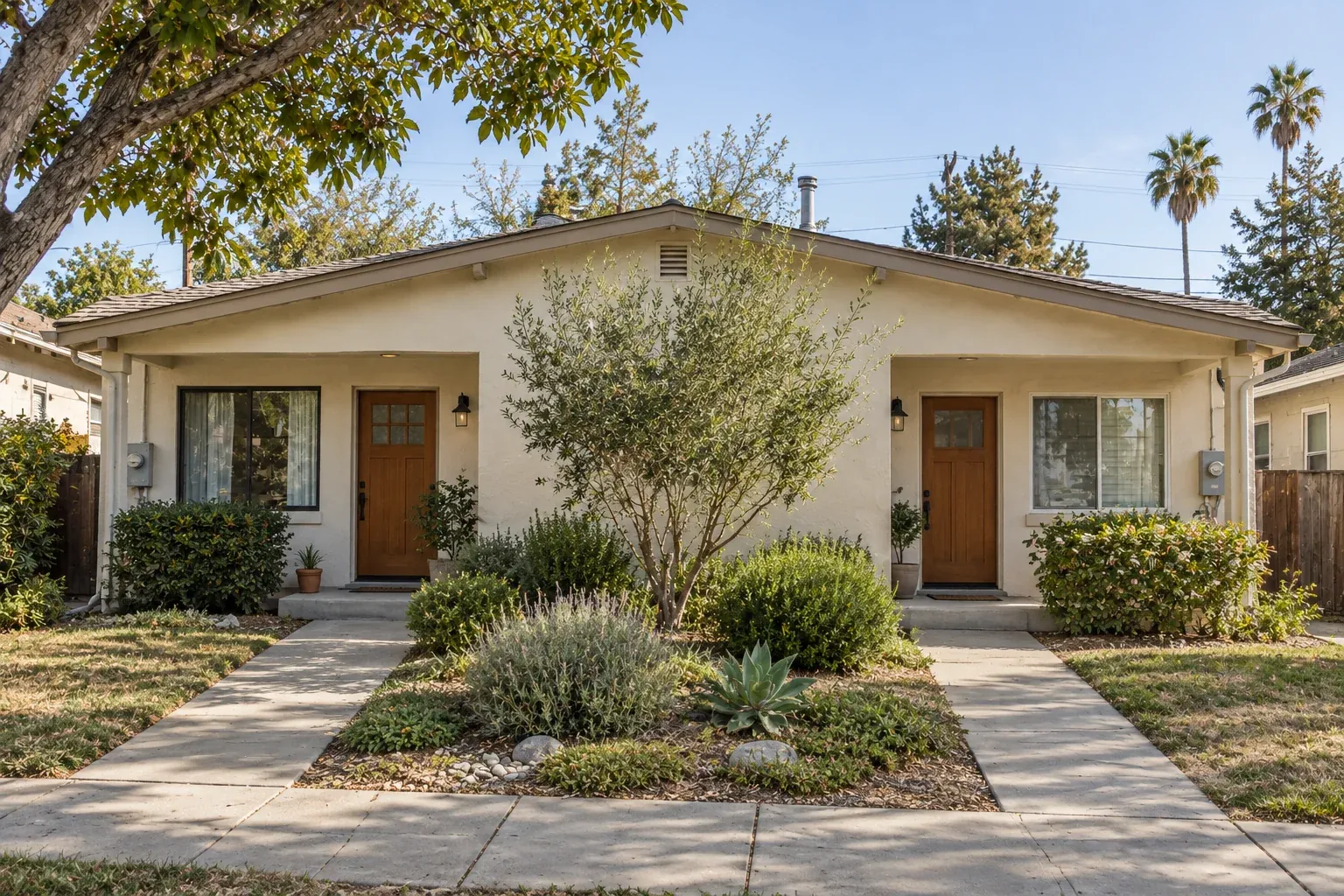 AI-generated illustrative photograph of a practical duplex with two separate entrances and a modest shared yard
