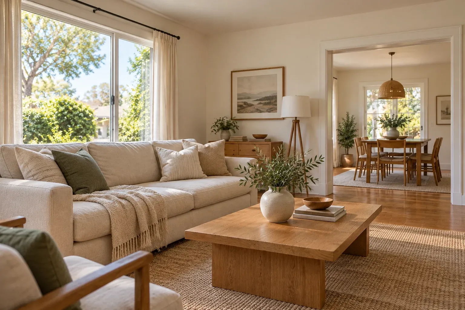 AI-generated illustrative photograph of a naturally lit living room with cream seating and wood furniture